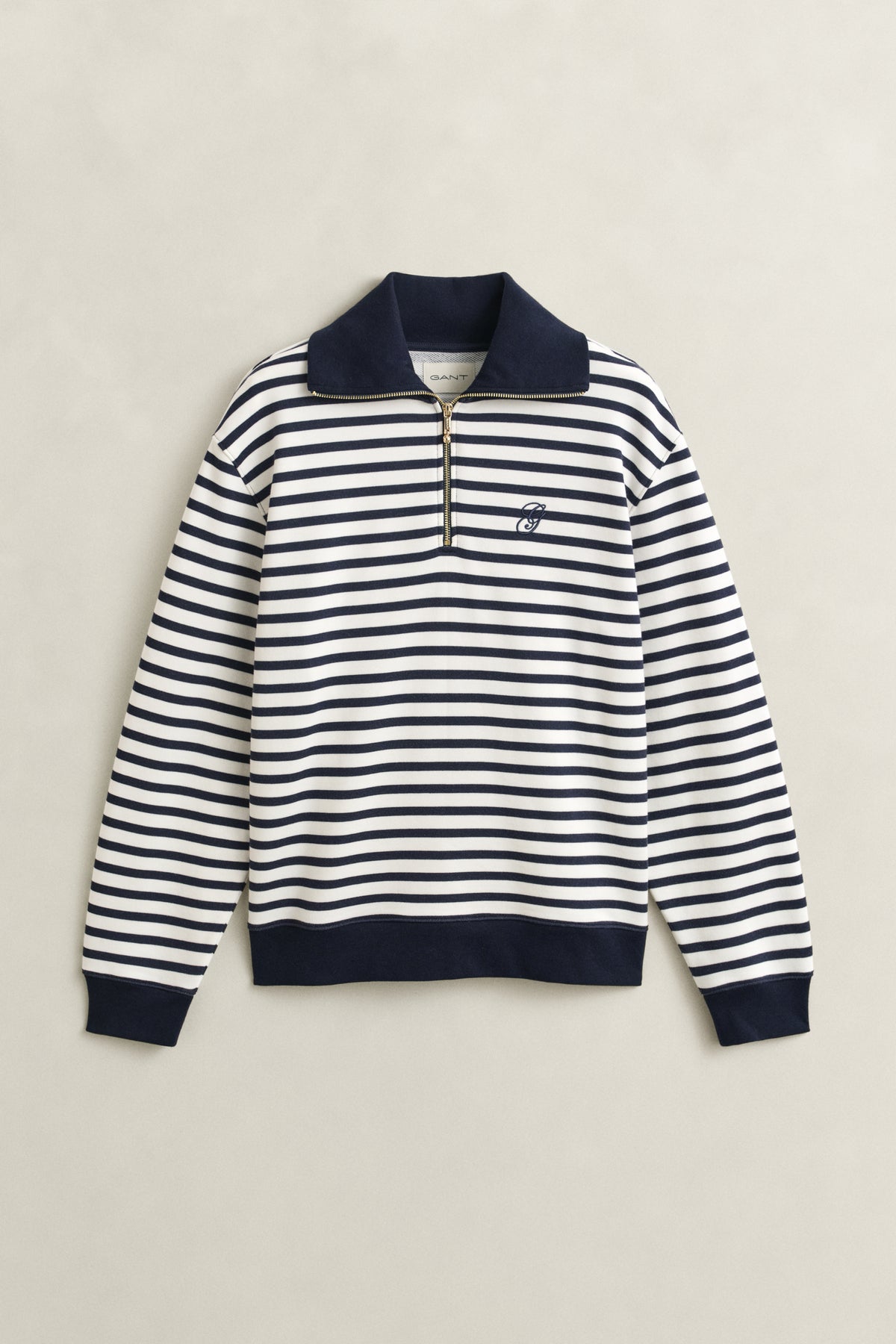 EVENING BLUE, STRIPED HALF ZIP SWEAT, FLAT-LAY BY GANT AU.