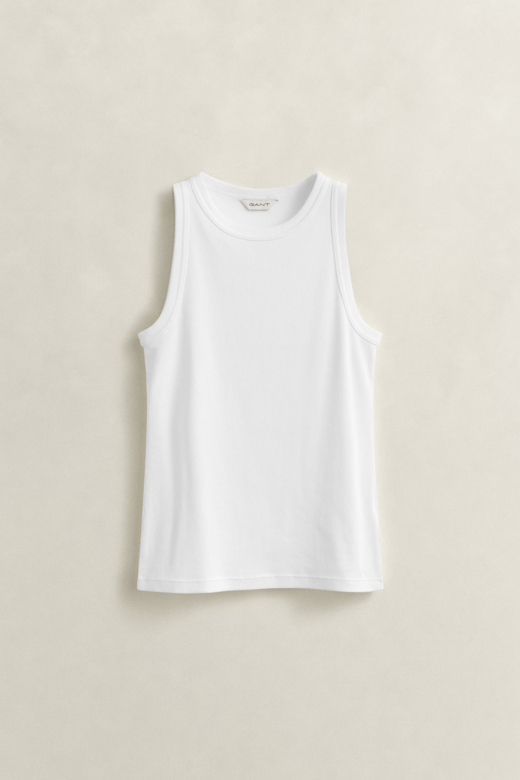 WHITE, HIGH NECK RIB TANK TOP, FLAT-LAY BY GANT AU.