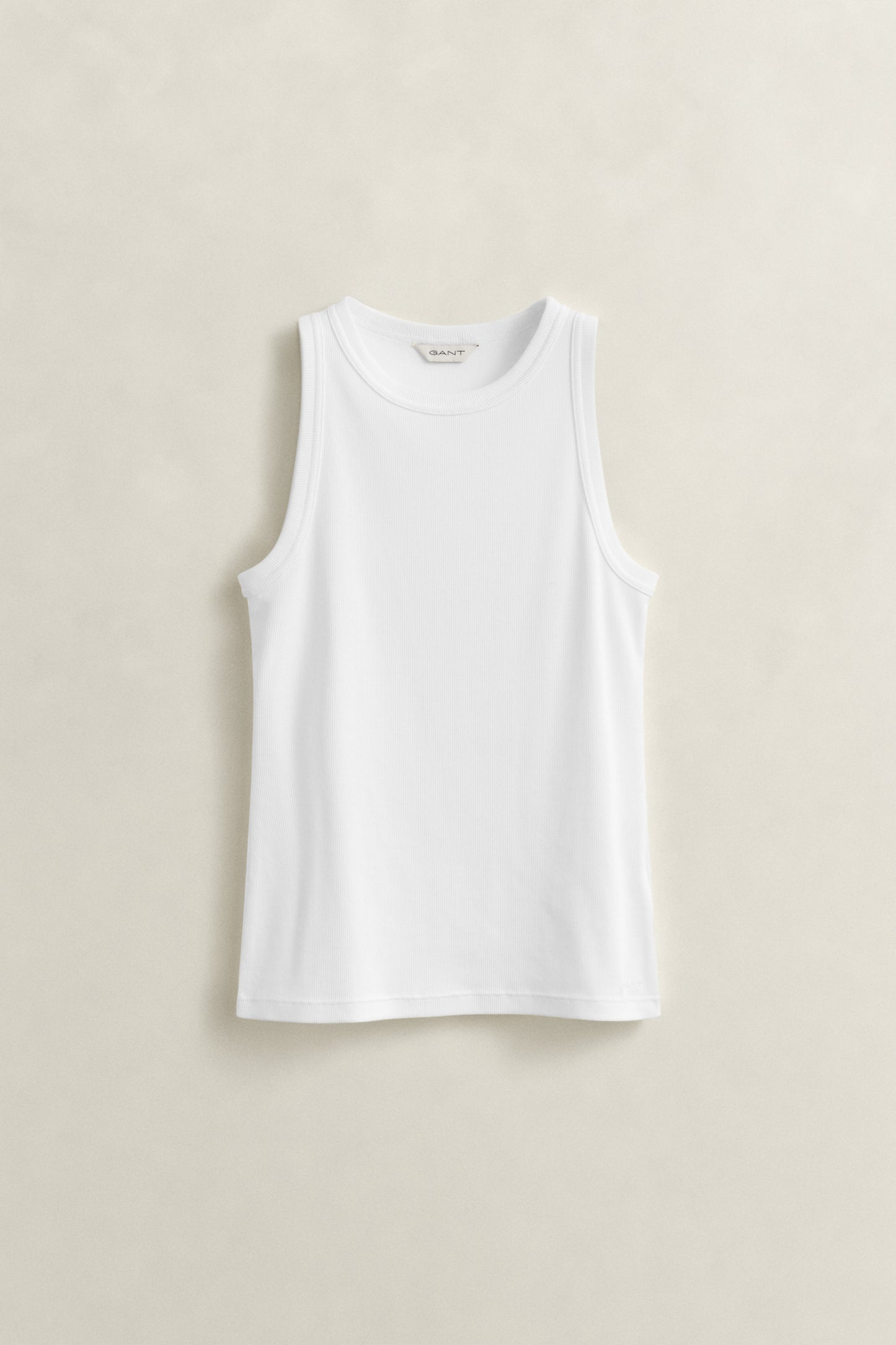 WHITE, HIGH NECK RIB TANK TOP, FLAT-LAY BY GANT AU.