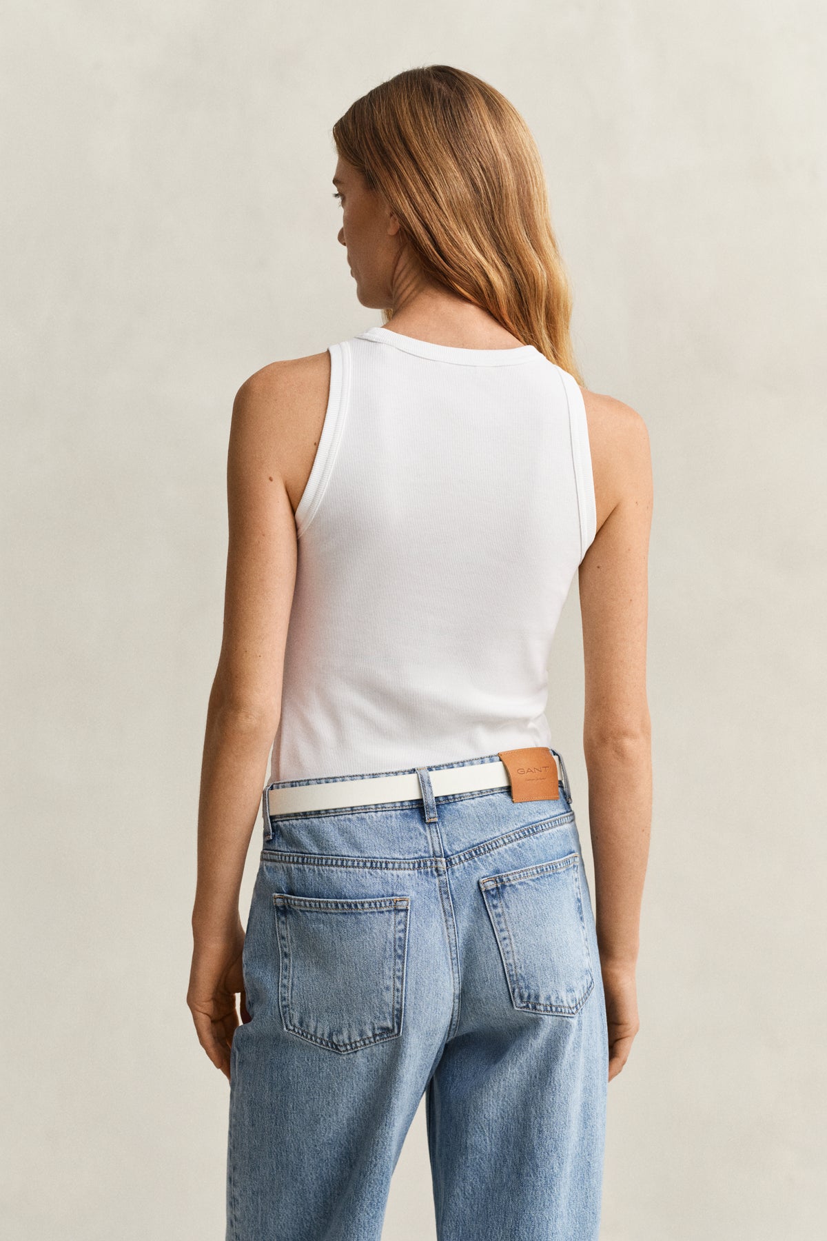 WHITE, HIGH NECK RIB TANK TOP, BACK-VIEW BY GANT AU.
