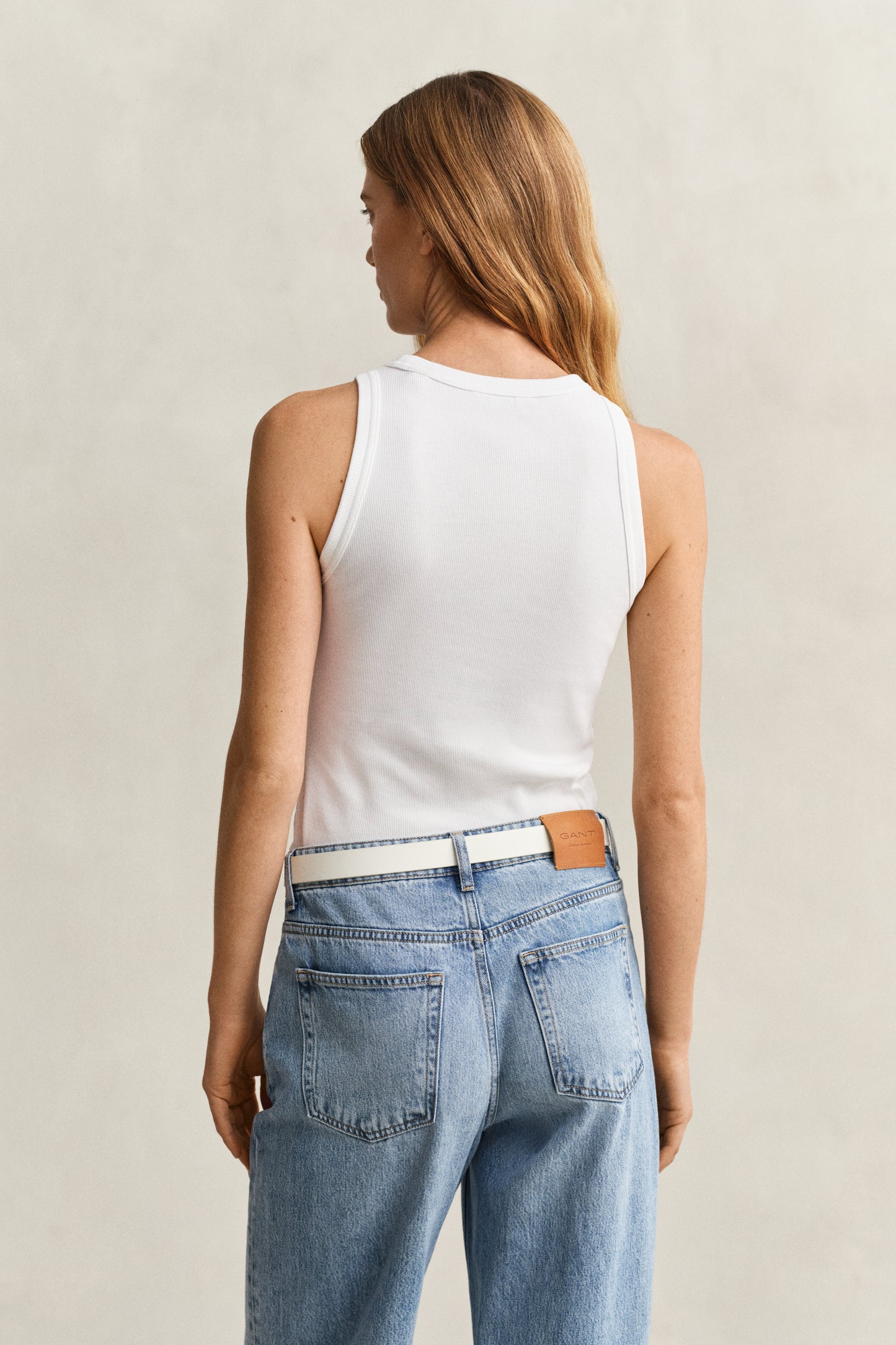 WHITE, HIGH NECK RIB TANK TOP, BACK-VIEW BY GANT AU.