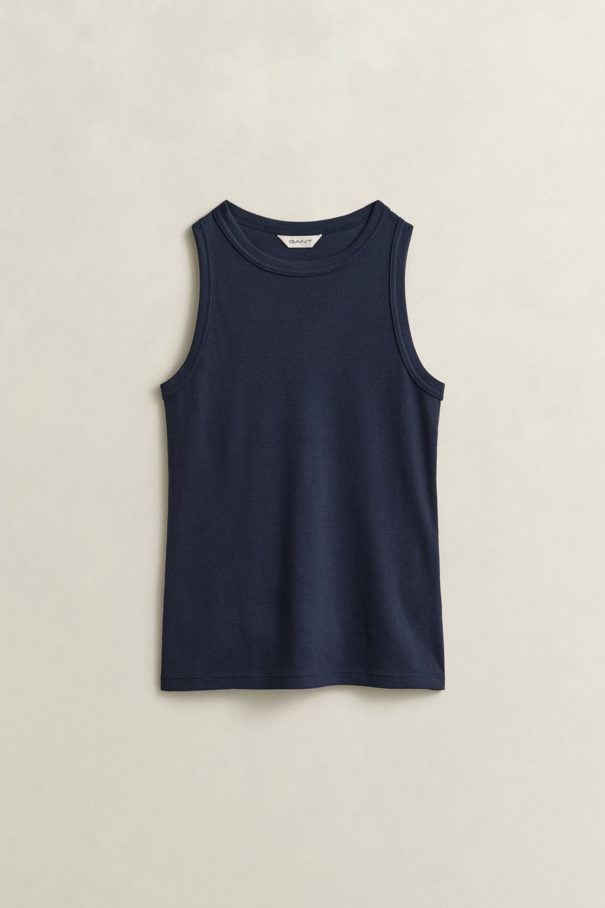 EVENING BLUE, HIGH NECK RIB TANK TOP, FLAT-LAY BY GANT AU.
