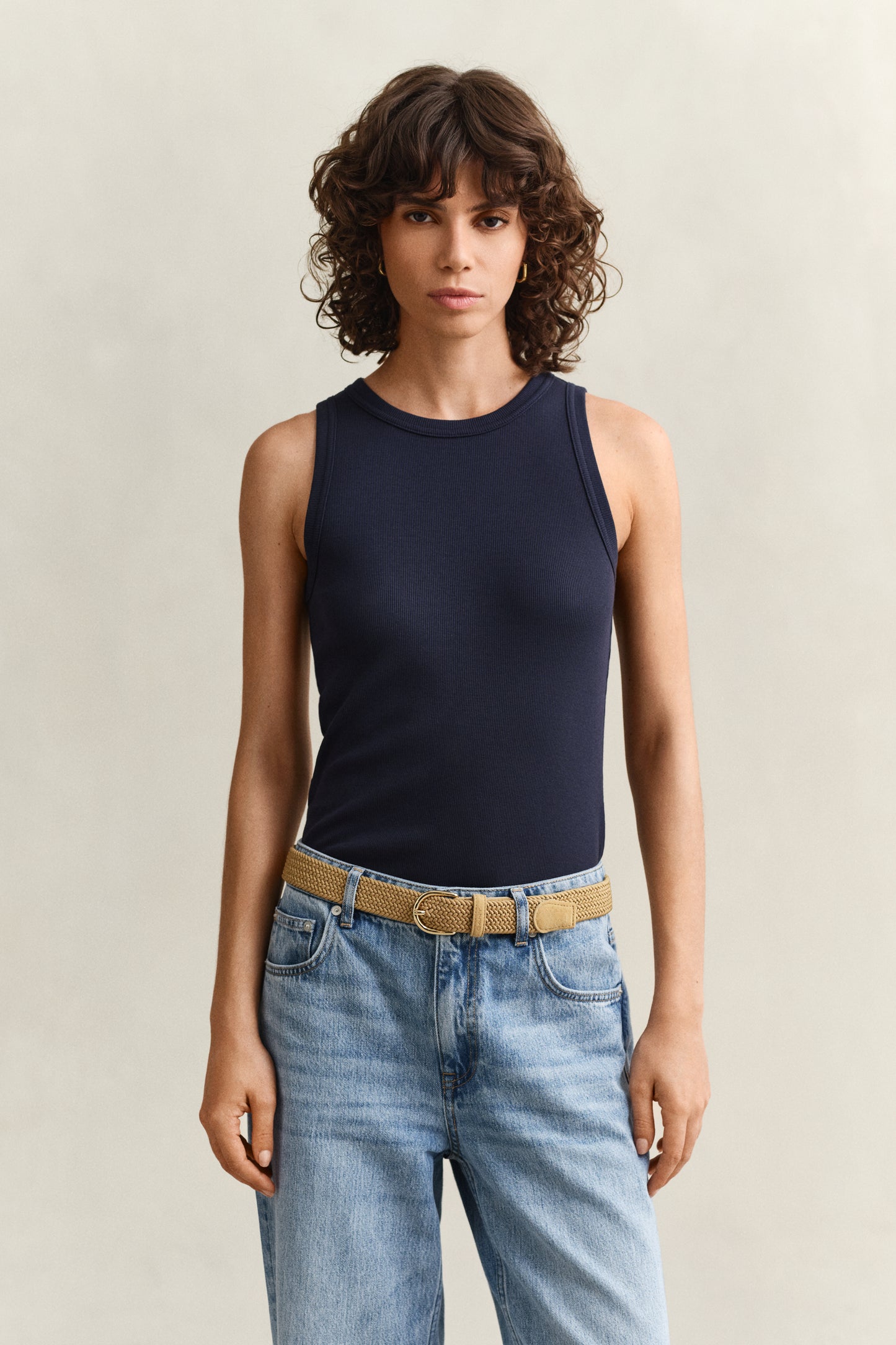 EVENING BLUE, HIGH NECK RIB TANK TOP, FRONT-VIEW BY GANT AU.