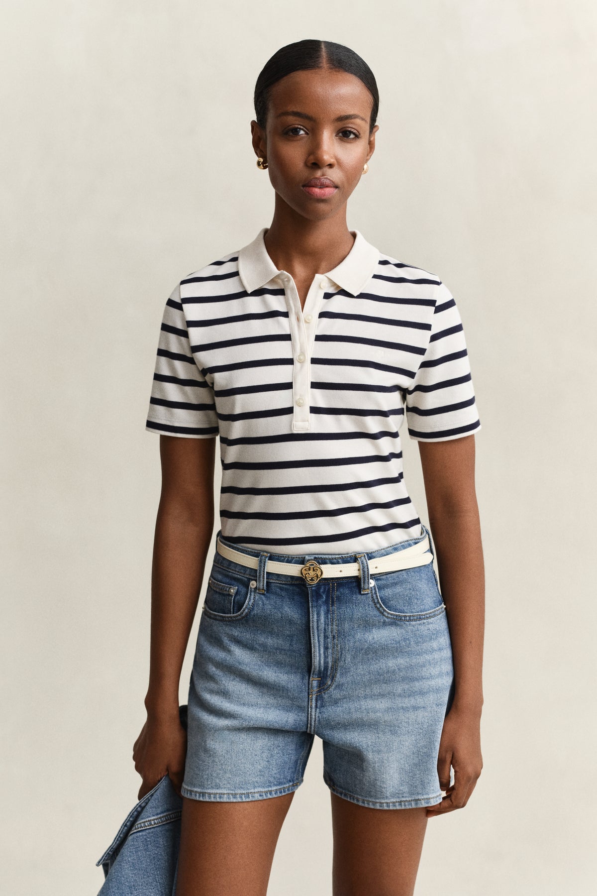 EGGSHELL, SLIM STRIPED SS PIQUE POLO, FRONT-VIEW BY GANT AU.