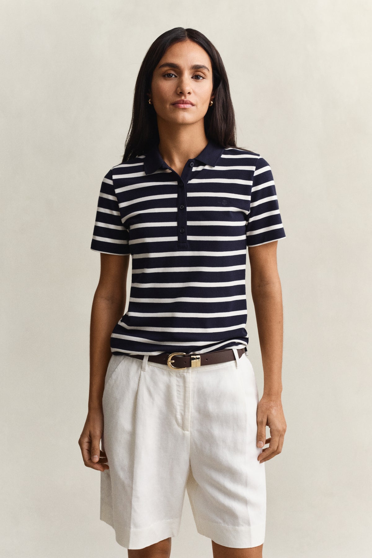 EVENING BLUE, SLIM STRIPED SS PIQUE POLO, FRONT-VIEW BY GANT AU.
