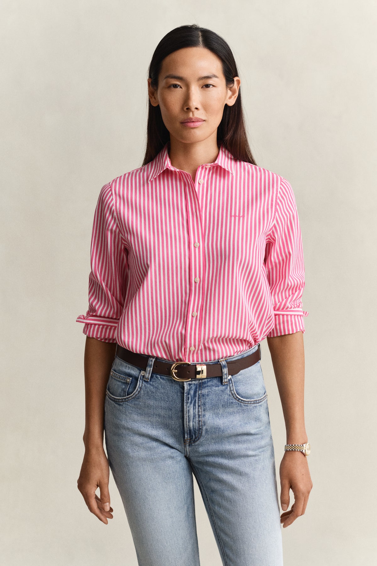 BRIGHT FUSCHIA, REG CLASSIC POPLIN STRIPED SHIRT, FRONT-VIEW BY GANT AU.