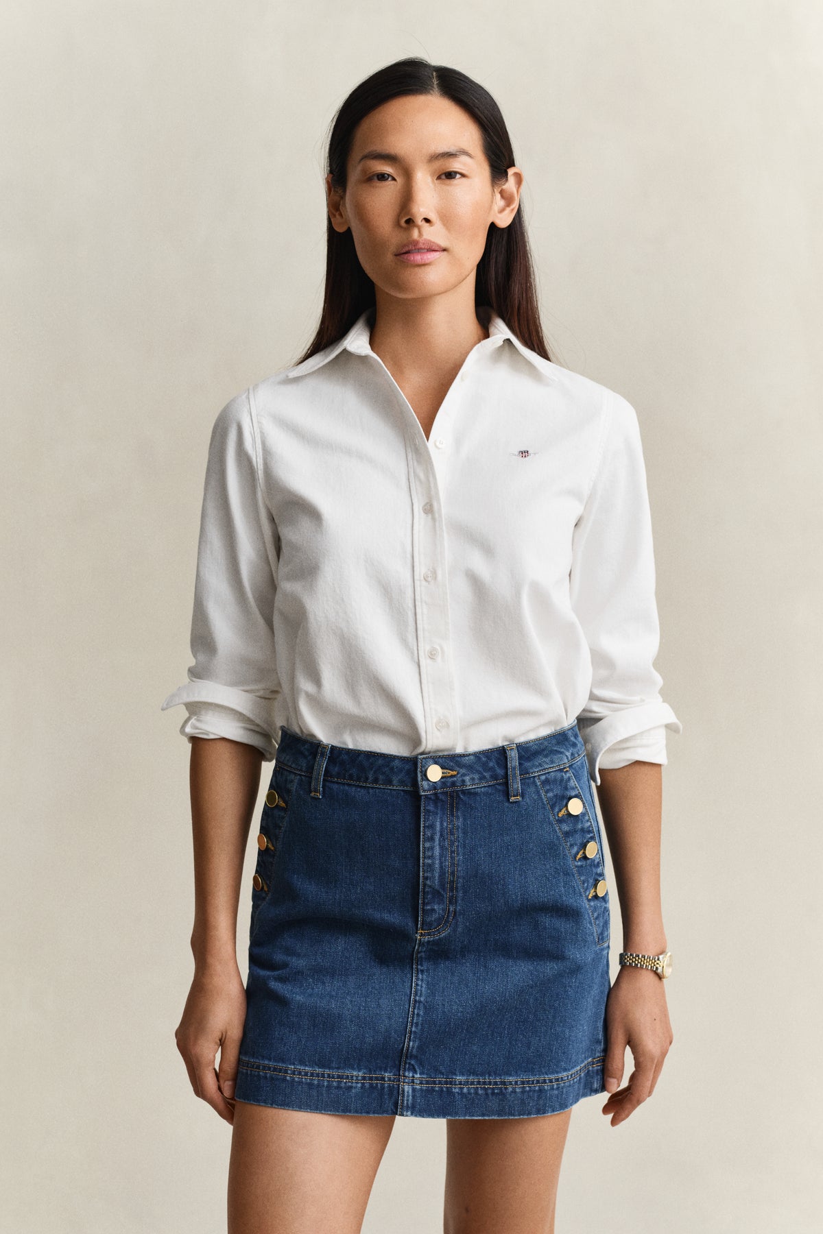 WHITE, REG DENIM SHIRT, FRONT-VIEW BY GANT AU.