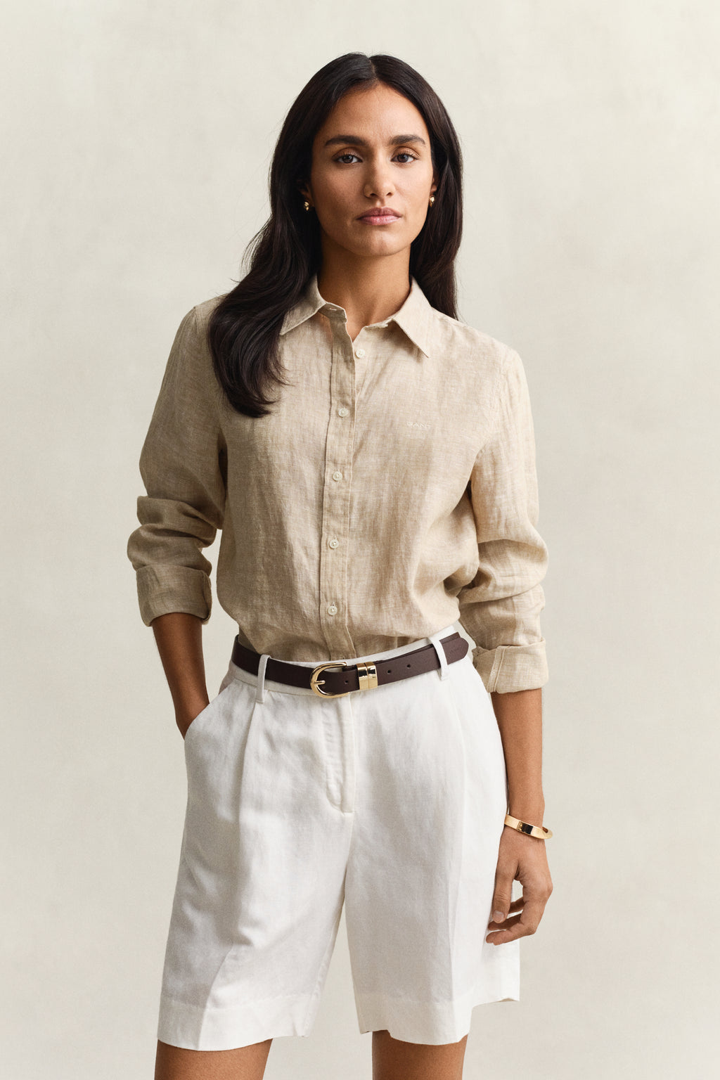 OAT BEIGE, REG LINEN LS SHIRT, FRONT-VIEW BY GANT AU.