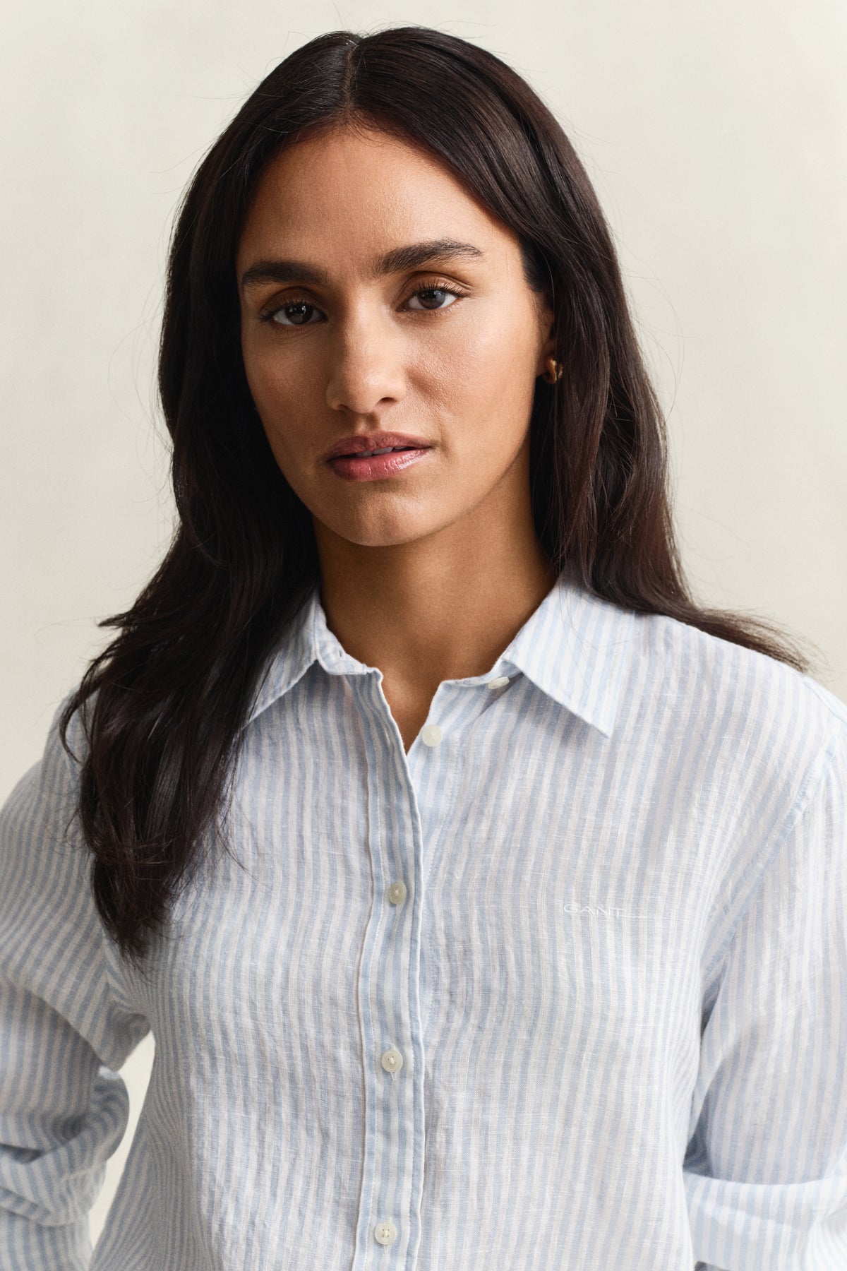 MODEL WEARING REG STRIPED LINEN LS SHIRT