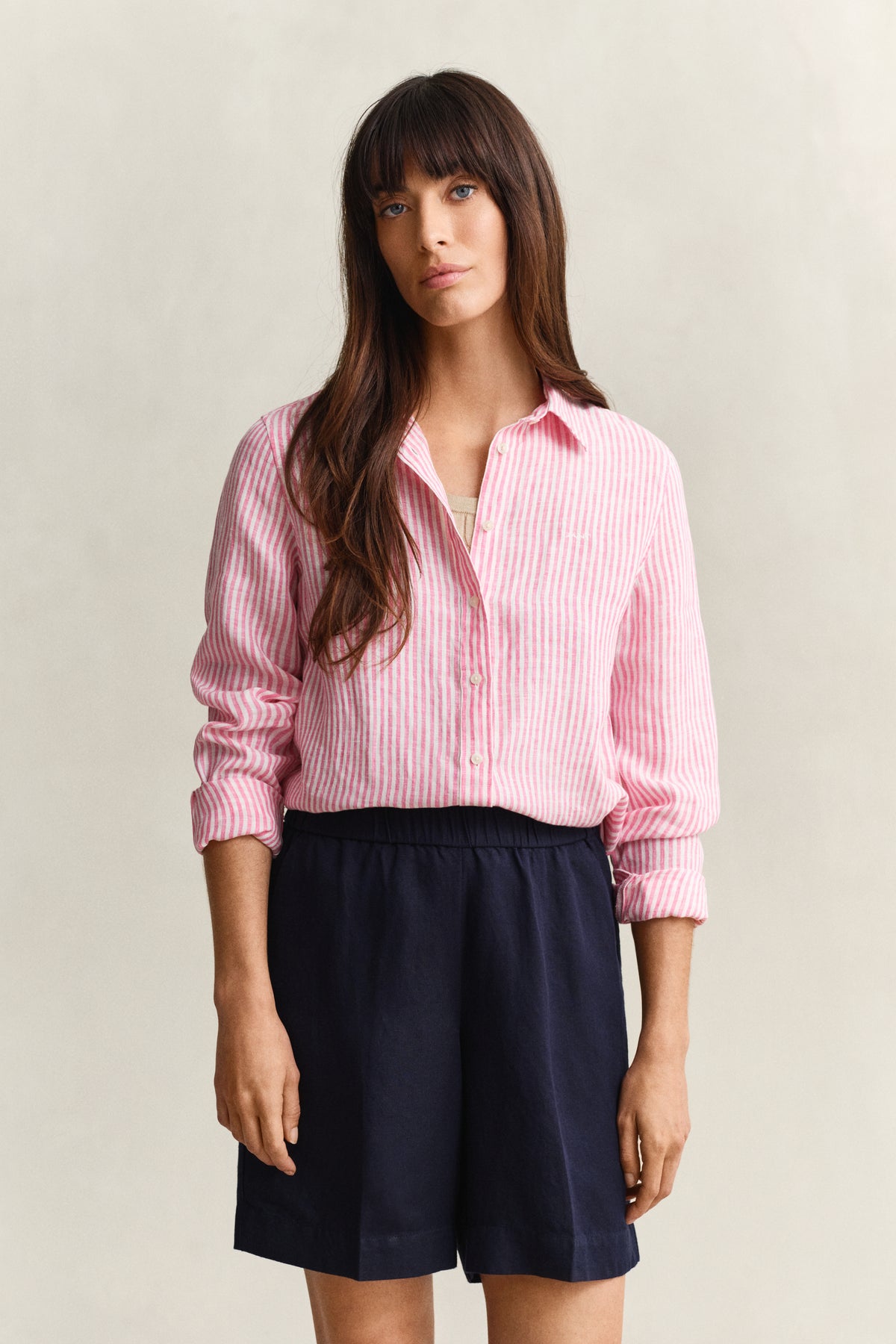 BRIGHT FUSCHIA, REG STRIPED LINEN LS SHIRT, FRONT-VIEW BY GANT AU.