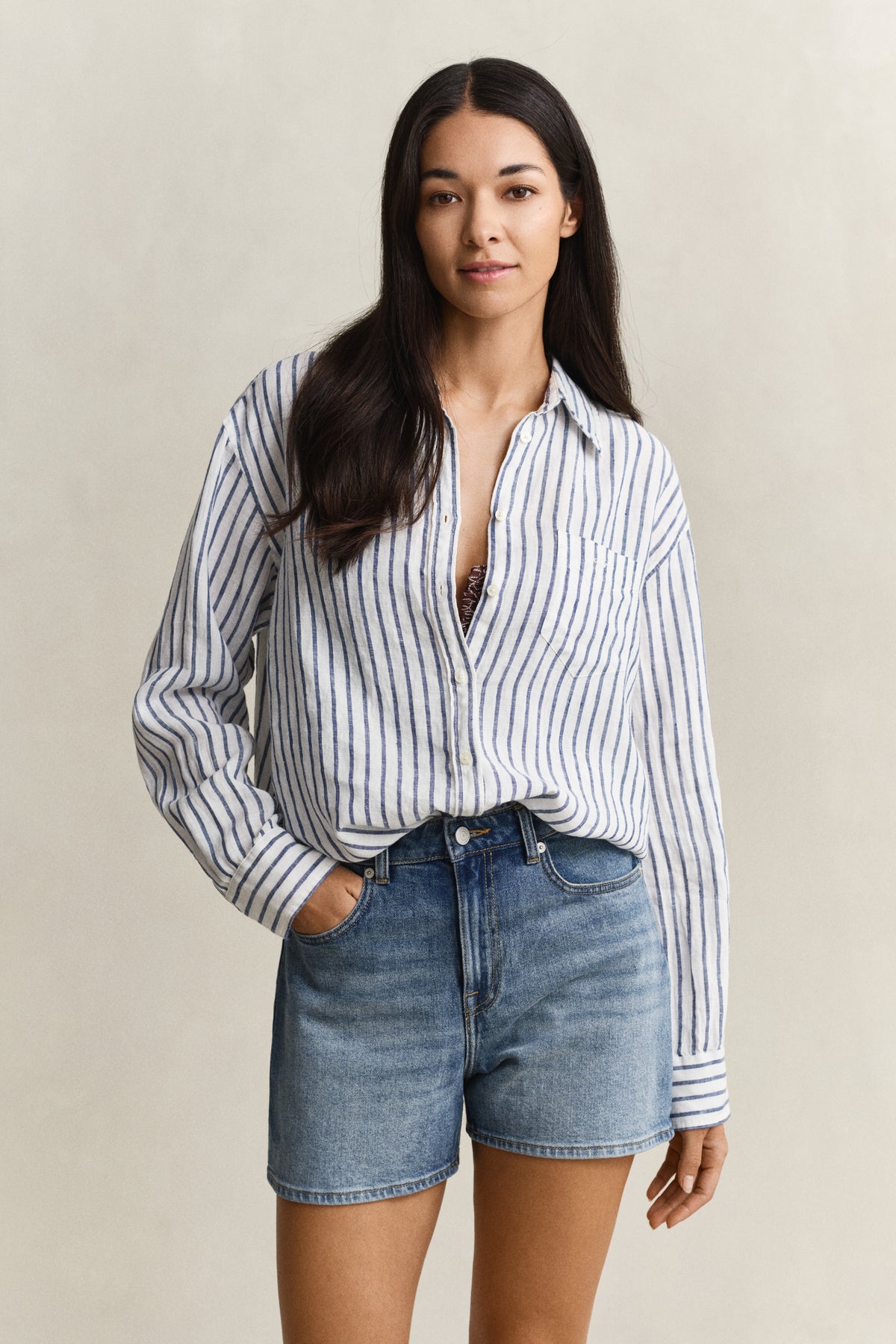 EVENING BLUE, REL STRIPED LINEN LS SHIRT, FRONT-VIEW BY GANT AU.