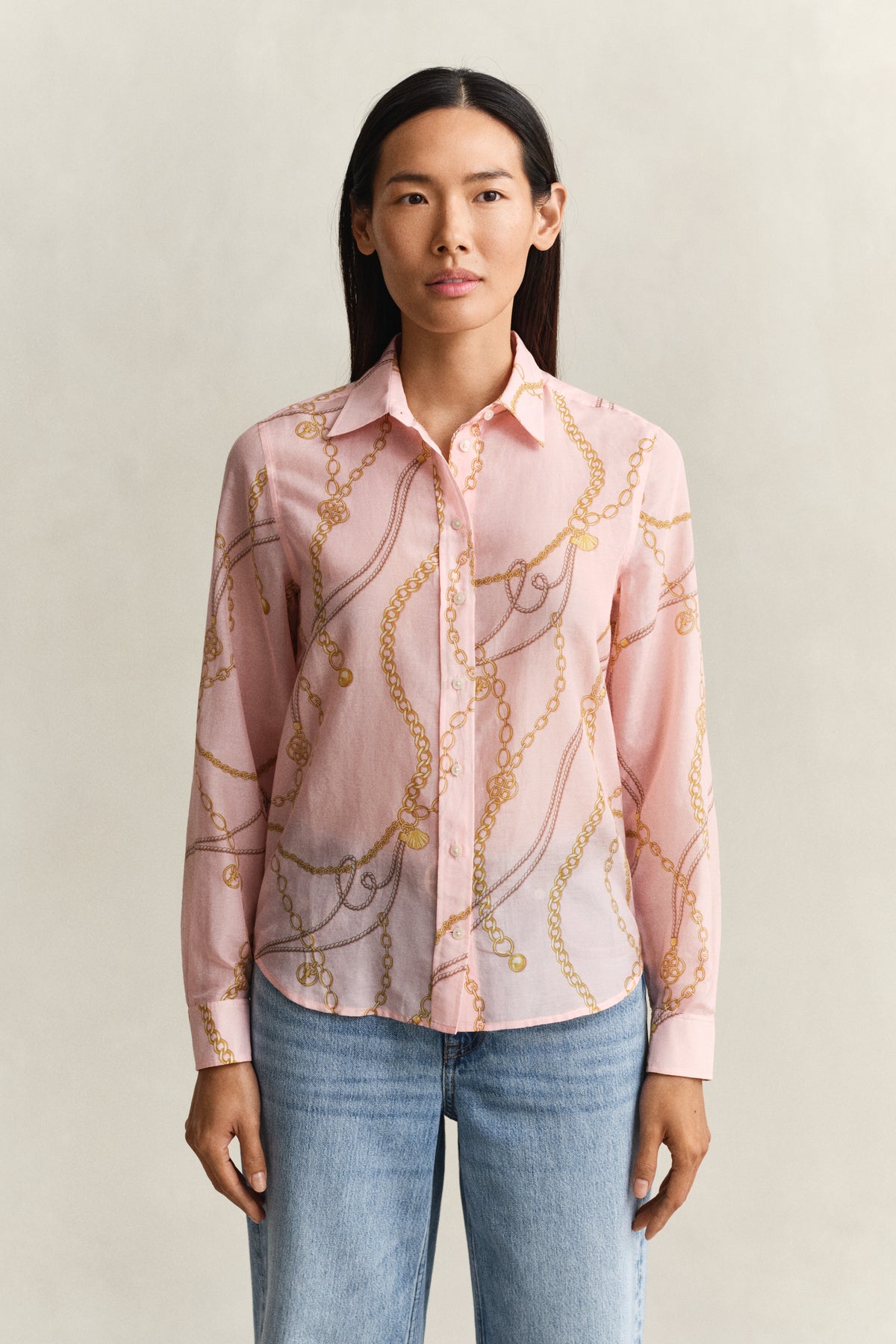 MODEL WEARING REG PRINTED CTN SILK LS SHIRT