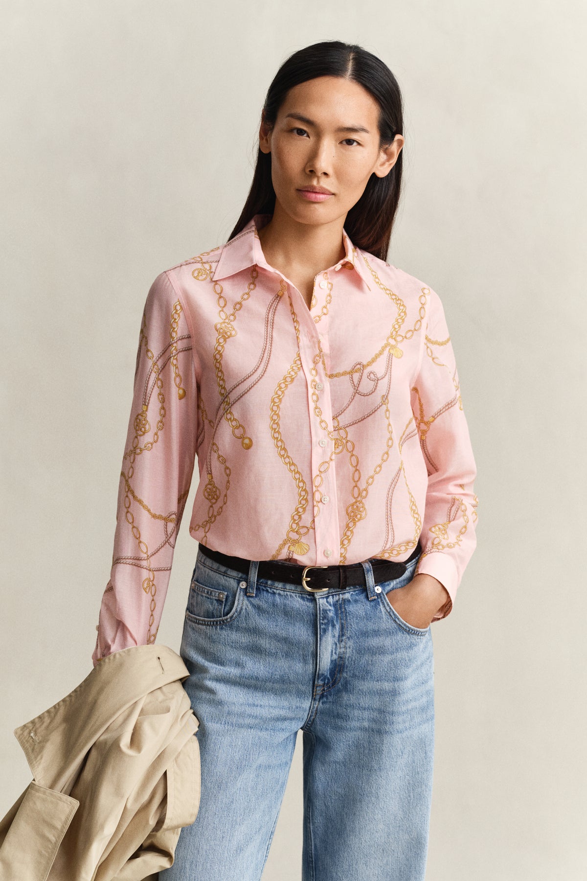 APRICOT PINK, REG PRINTED CTN SILK LS SHIRT, FRONT-VIEW BY GANT AU.