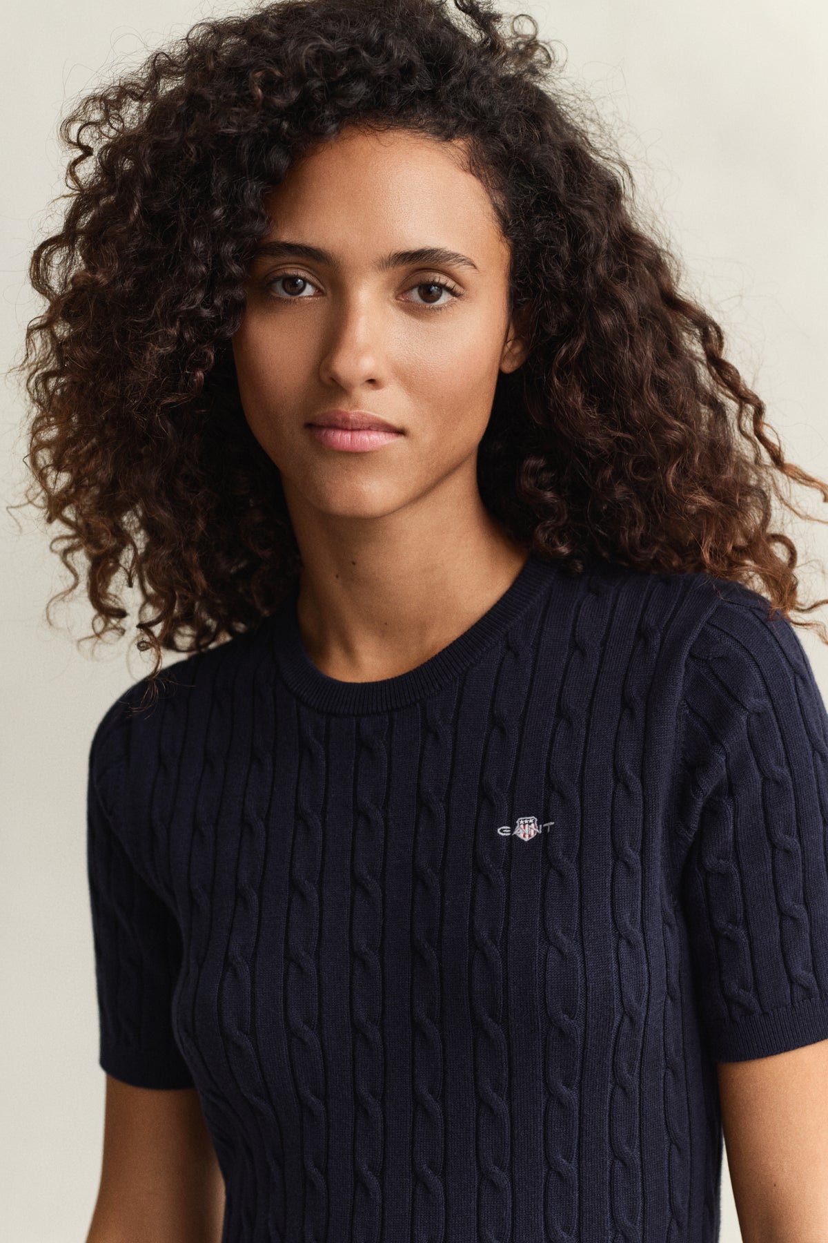 EVENING BLUE, STRETCH COTTON CABLE SS DRESS, CLOSE-UP BY GANT AU.