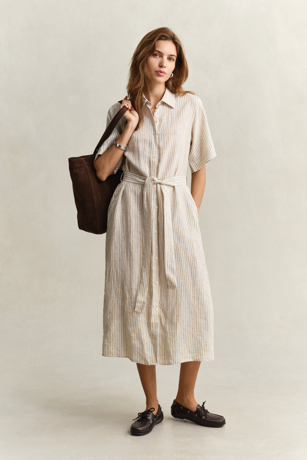 OAT BEIGE, STRIPED LINEN SS SHIRT DRESS BY GANT AU.