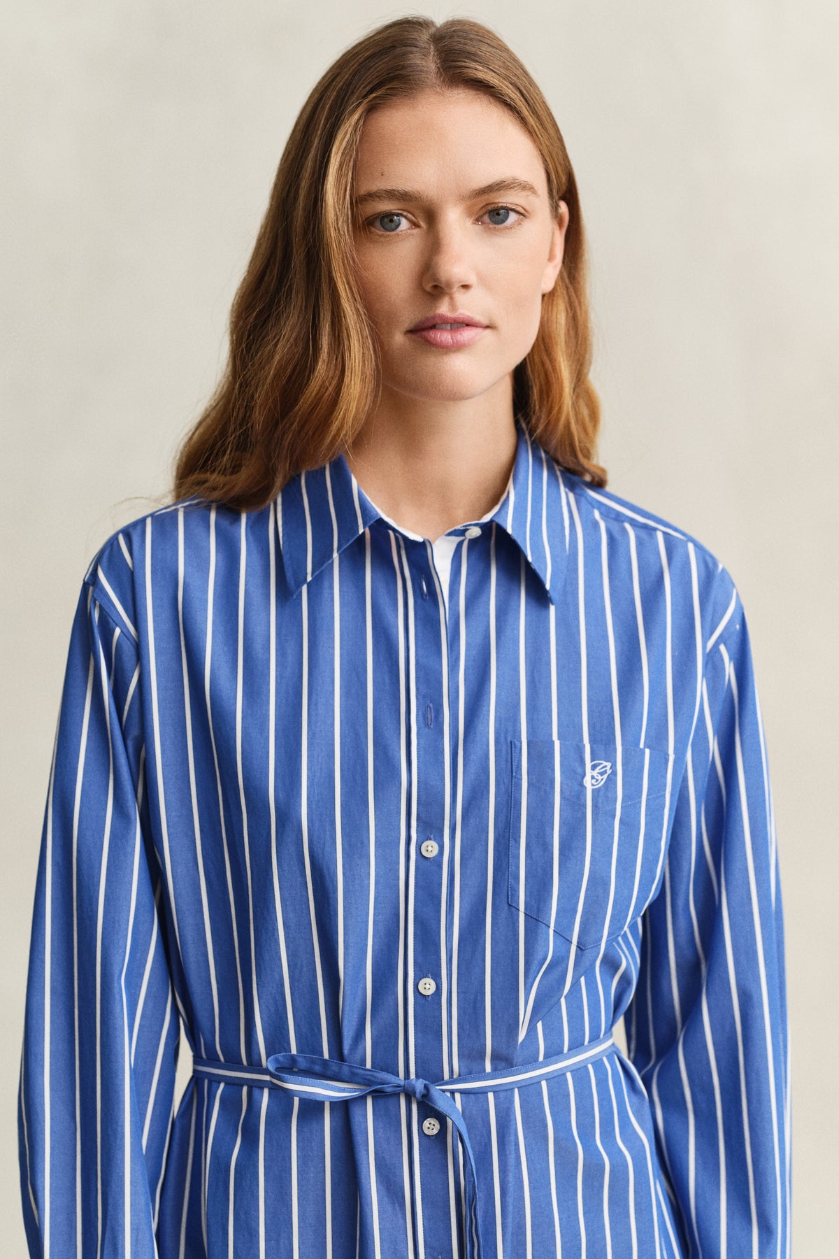 MODEL WEARING CLASSIC POPLIN STRIPE DRESS