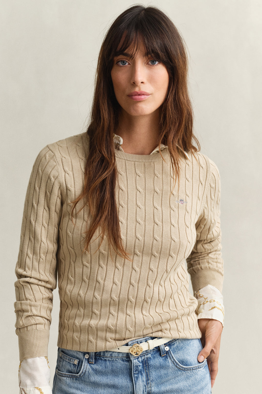 OAT BEIGE, Classic Cable Knit Sweater, CLOSE-UP BY GANT AU.