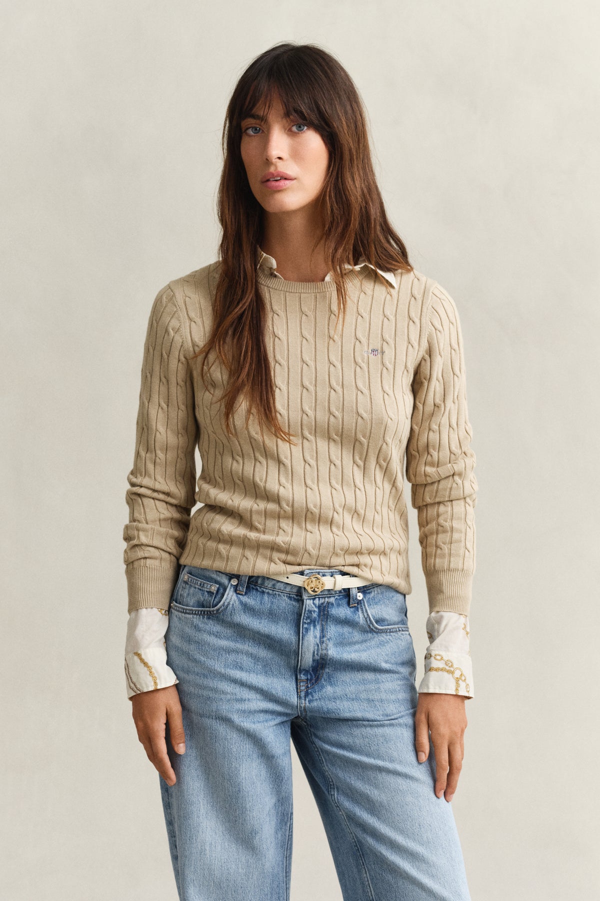 OAT BEIGE, STRETCH COTTON CABLE C-NECK, FRONT-VIEW BY GANT AU.