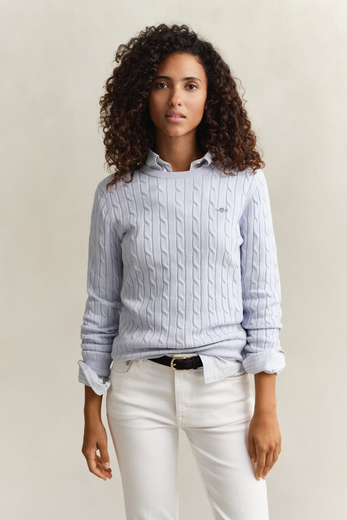 LIGHT BLUE, Classic Cable Knit Sweater, FRONT-VIEW BY GANT AU.