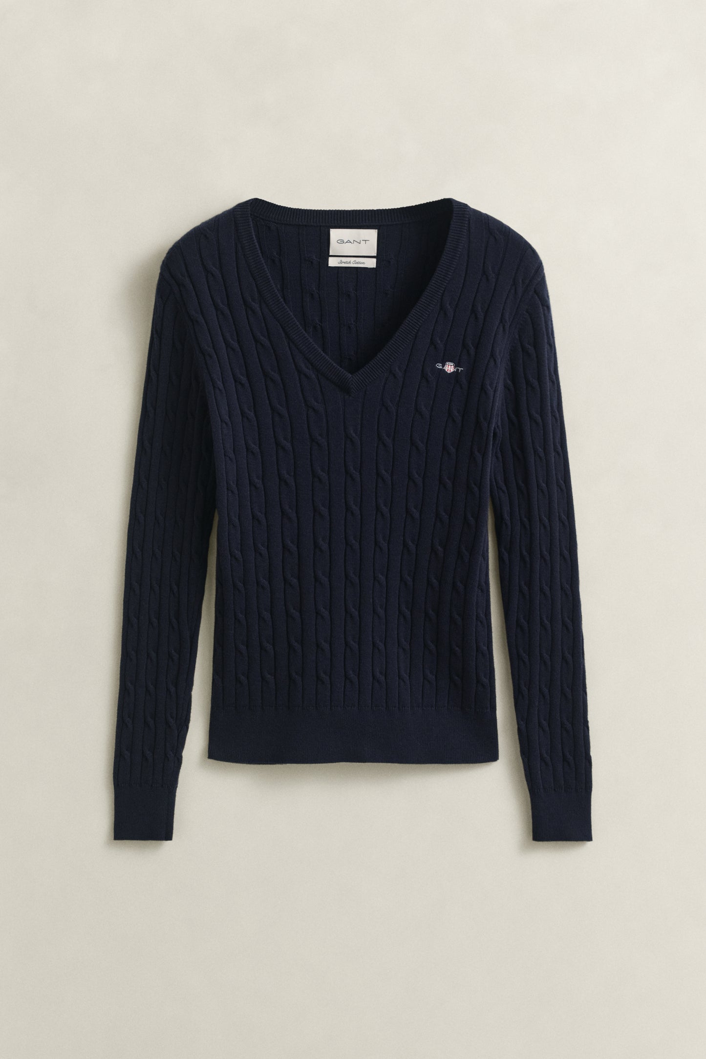 EVENING BLUE, STRETCH COTTON CABLE V-NECK BY GANT AU.