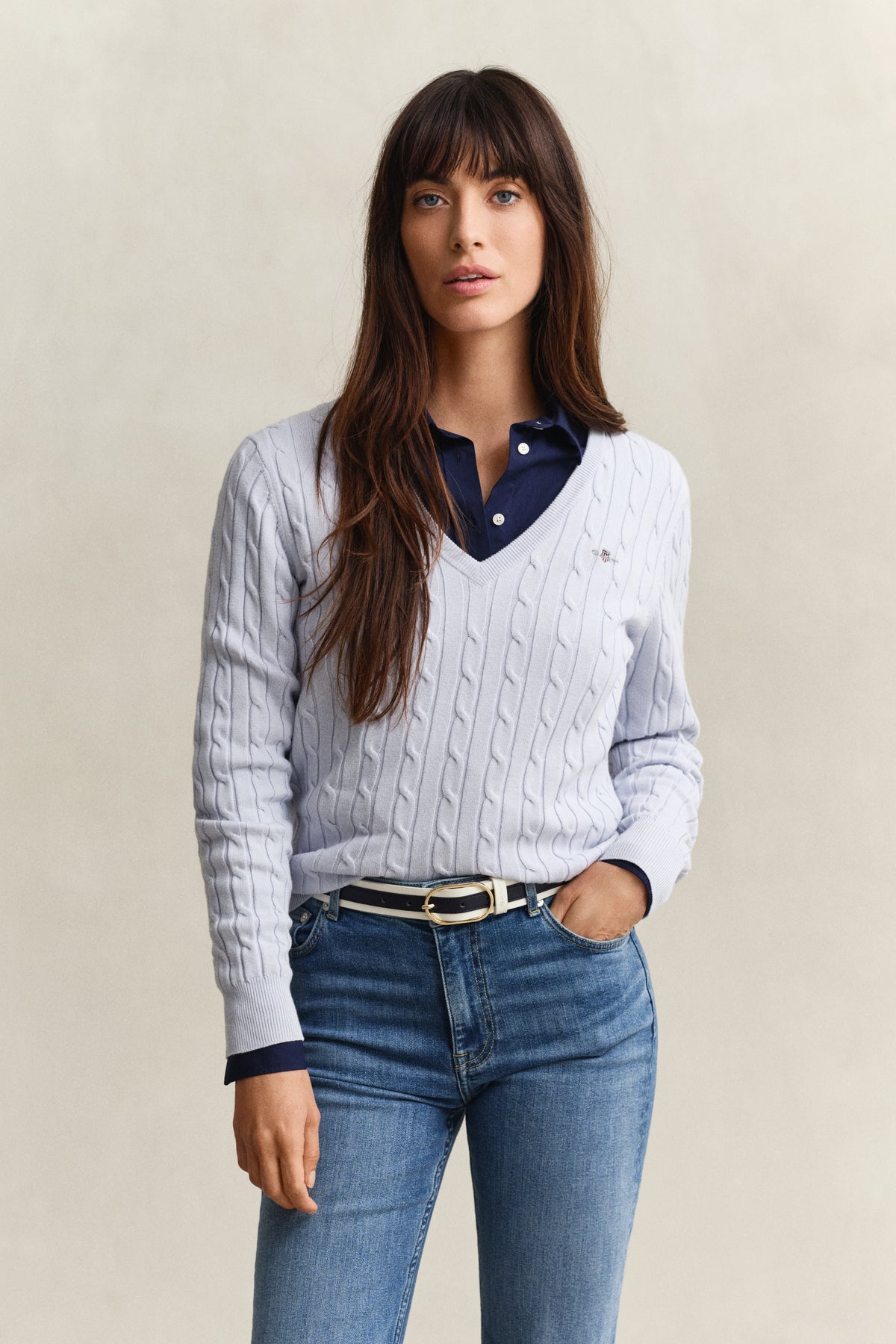 LIGHT BLUE, Classic Cable Knit Sweater, FRONT-VIEW BY GANT AU.