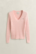 APRICOT PINK, STRETCH COTTON CABLE V-NECK, FRONT-VIEW BY GANT AU.