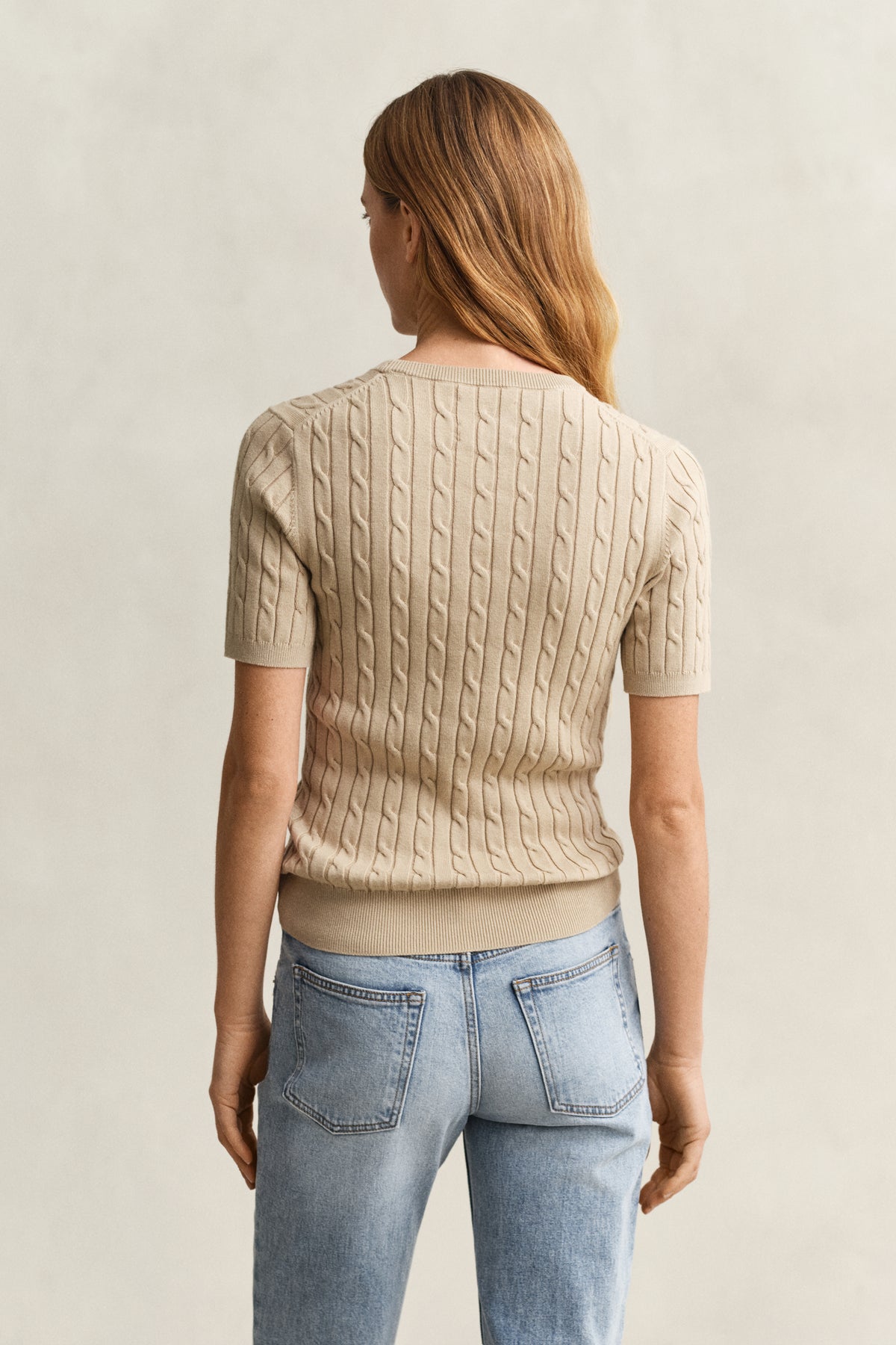 OAT BEIGE, Stretch Cable Knit Sweater, BACK-VIEW BY GANT AU.