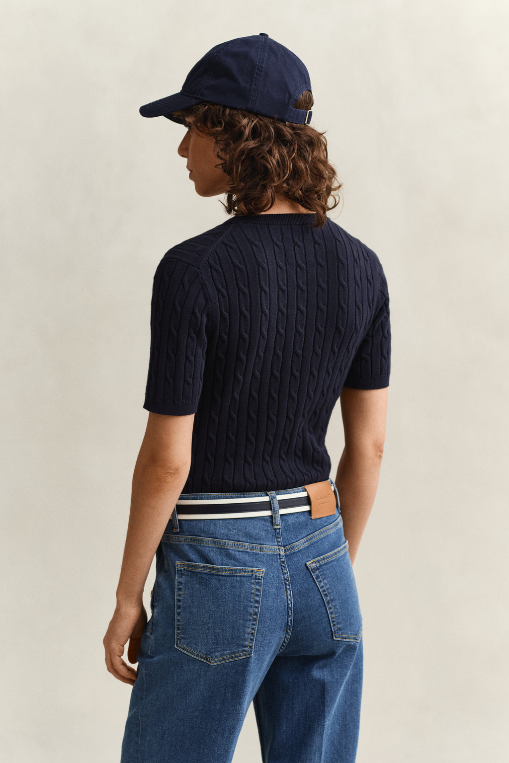 EVENING BLUE, Stretch Cable Knit Sweater, BACK-VIEW BY GANT AU.