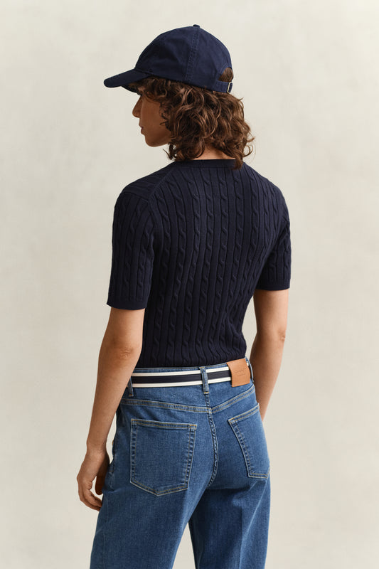 EVENING BLUE, STRETCH COTTON CABLE SS C-NECK, BACK-VIEW BY GANT AU.