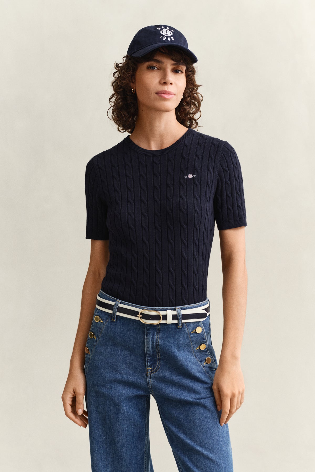 EVENING BLUE, Stretch Cable Knit Sweater, FRONT-VIEW BY GANT AU.