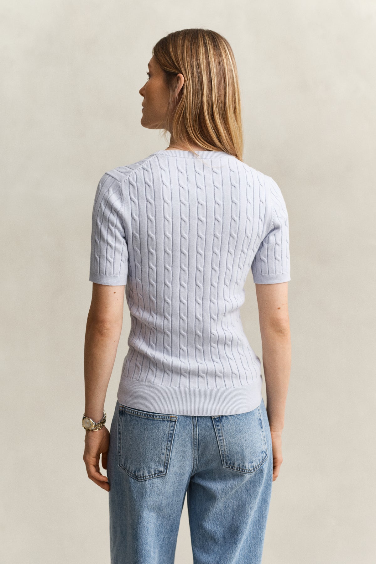 LIGHT BLUE, Stretch Cable Knit Sweater, BACK-VIEW BY GANT AU.