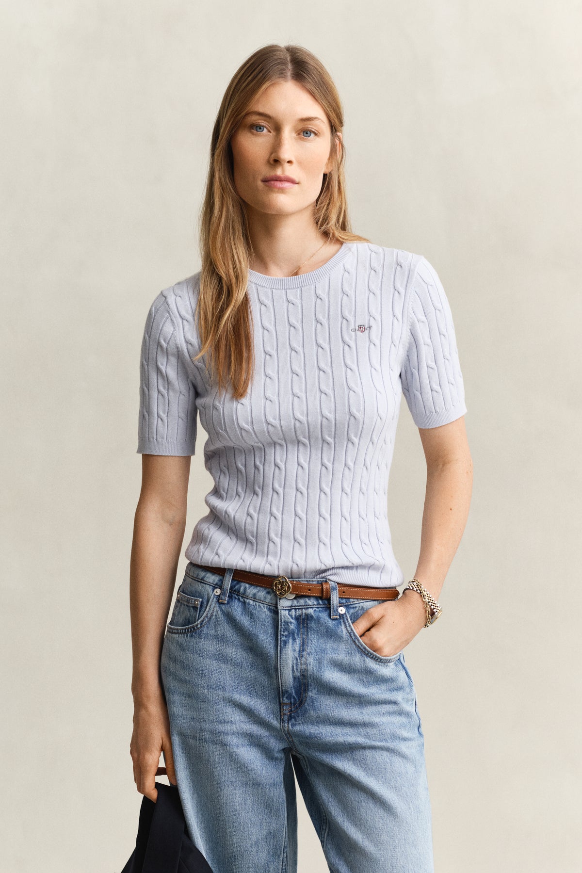 LIGHT BLUE, Stretch Cable Knit Sweater, FRONT-VIEW BY GANT AU.