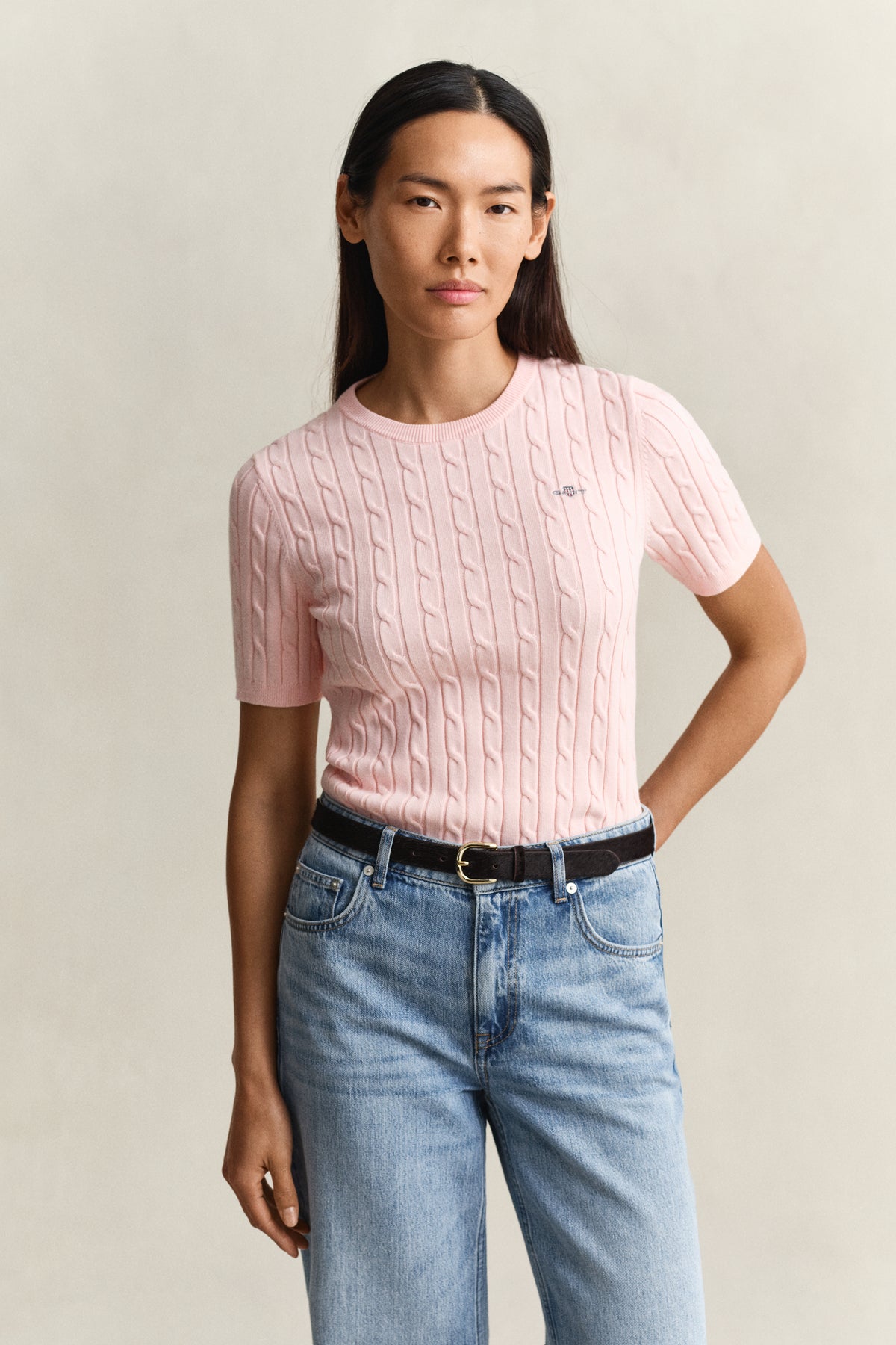 APRICOT PINK, Stretch Cable Knit Sweater, FRONT-VIEW BY GANT AU.