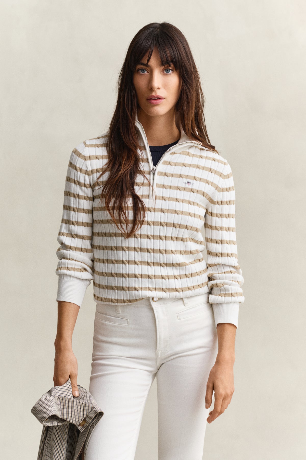 OAT BEIGE, STRETCH COTTON CABLE STRIPE HZ, FRONT-VIEW BY GANT AU.