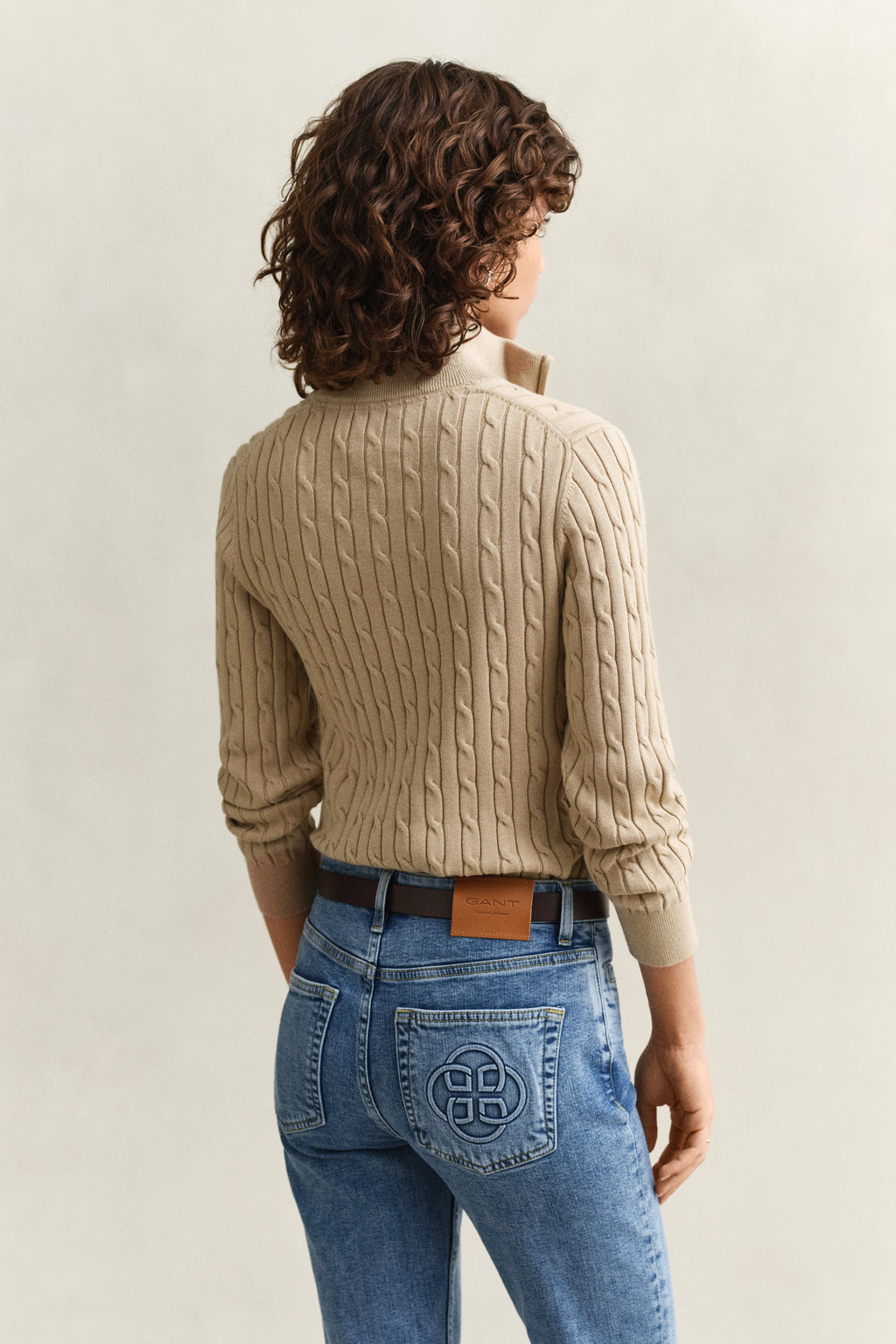 OAT BEIGE, Stretch Cable Half-Zip Sweater, BACK-VIEW BY GANT AU.