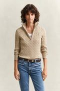 OAT BEIGE, STRETCH COTTON CABLE HALF-ZIP, FRONT-VIEW BY GANT AU.