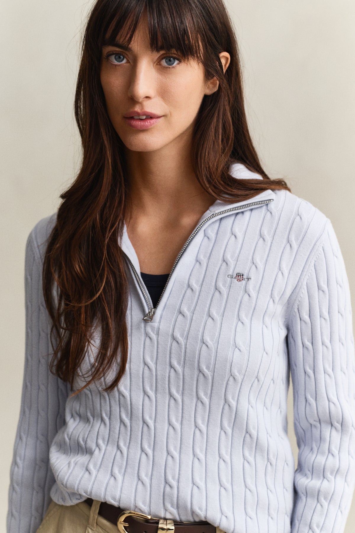 LIGHT BLUE, STRETCH COTTON CABLE HALF-ZIP, CLOSE-UP BY GANT AU.