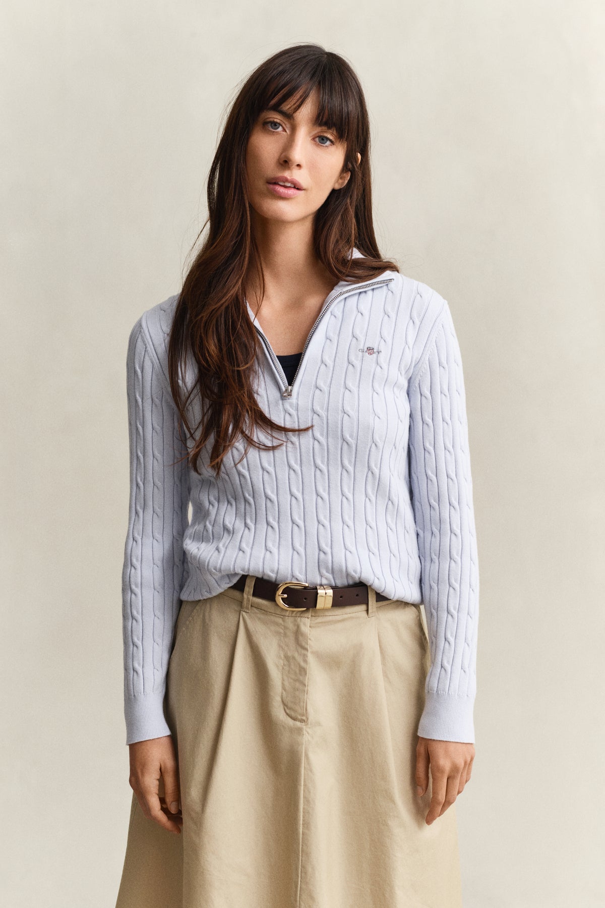 LIGHT BLUE, Stretch Cable Half-Zip Sweater, FRONT-VIEW BY GANT AU.