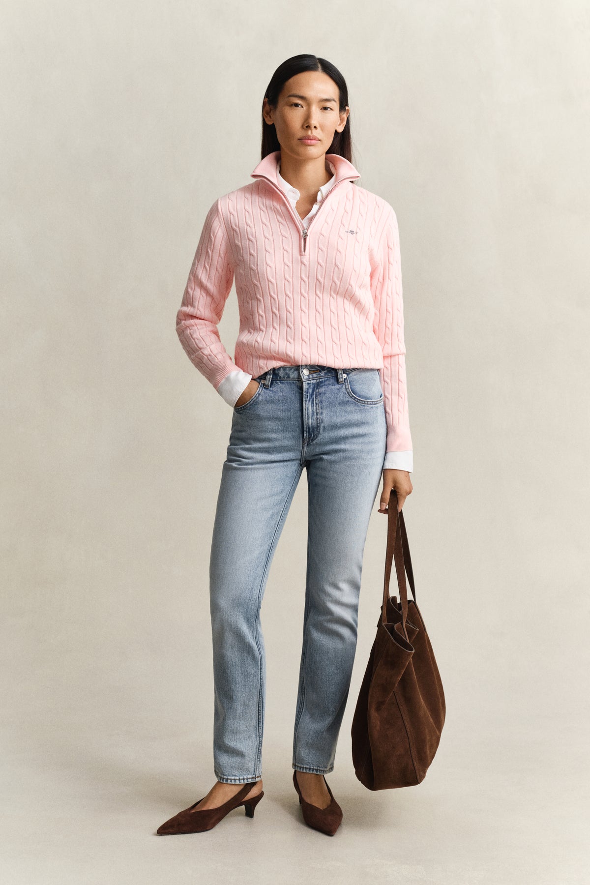 APRICOT PINK, Stretch Cable Half-Zip Sweater BY GANT AU.