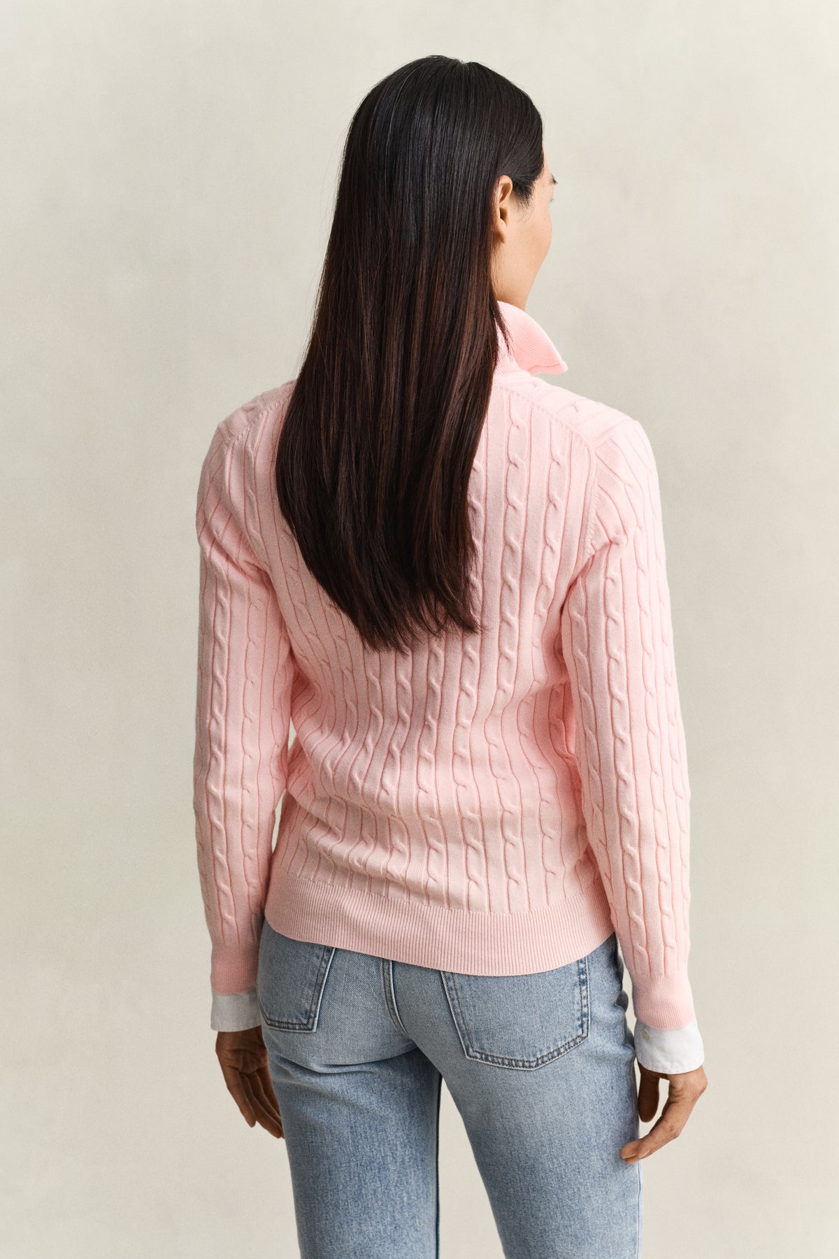 APRICOT PINK, STRETCH COTTON CABLE HALF-ZIP, BACK-VIEW BY GANT AU.