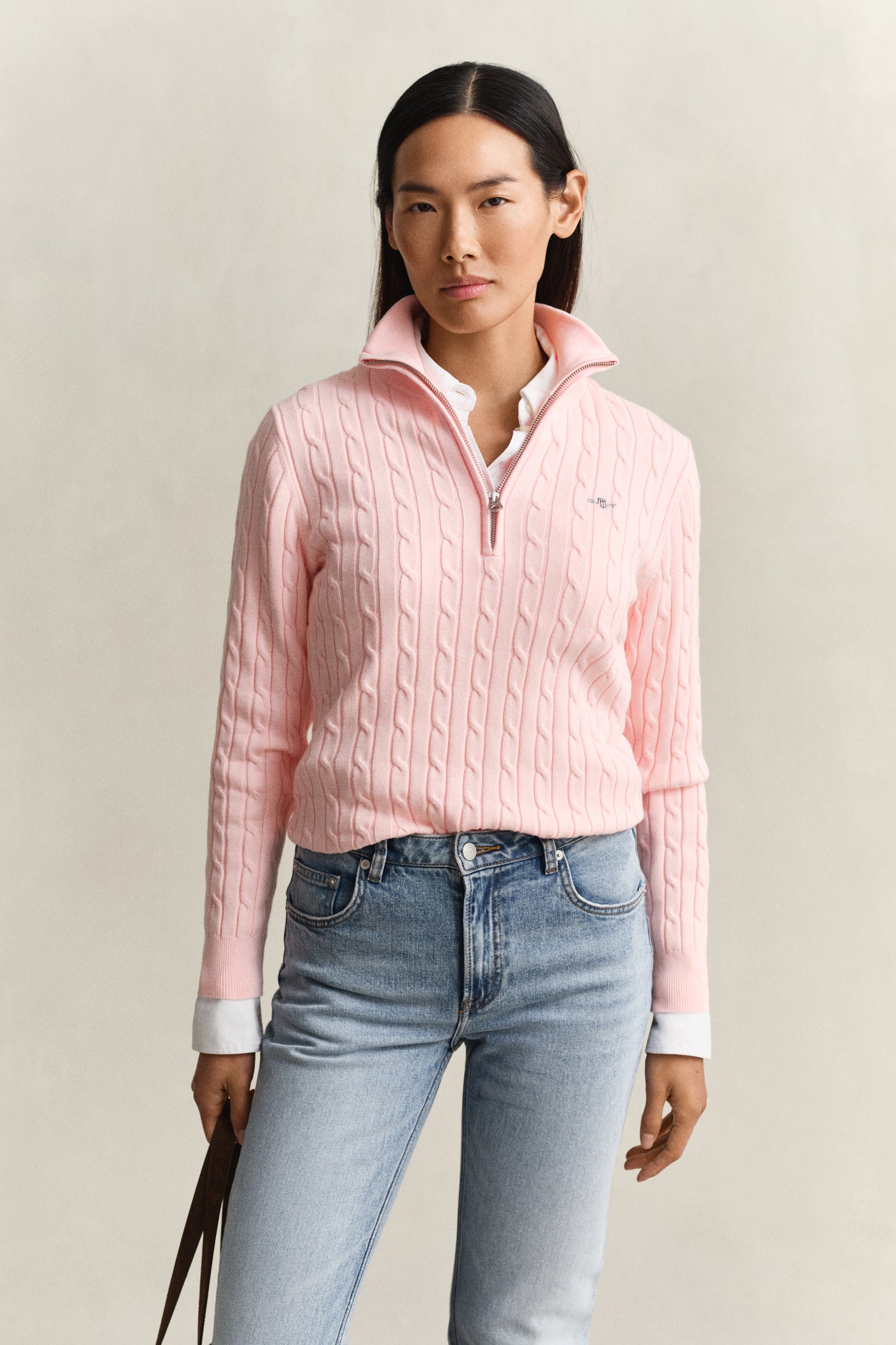 APRICOT PINK, STRETCH COTTON CABLE HALF-ZIP, FRONT-VIEW BY GANT AU.