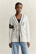 EGGSHELL, GANT VARSITY CABLE CARDIGAN, FRONT-VIEW BY GANT AU.