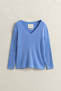 HYDRANGEA BLUE, CABLE KNIT V-NECK, FLAT-LAY BY GANT AU.