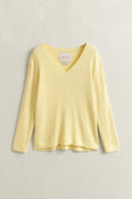 VANILLA YELLOW, CABLE KNIT V-NECK, FLAT-LAY BY GANT AU.