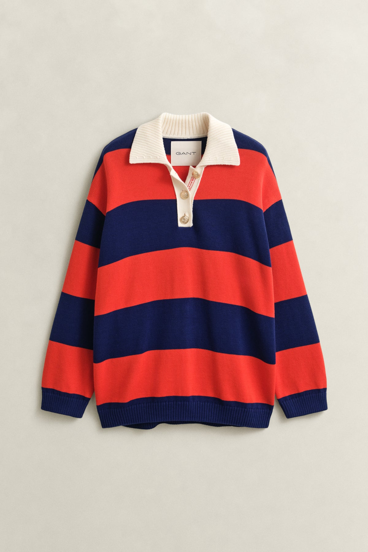 PERFECT RED, STRIPED COTTON RUGGER, FLAT-LAY BY GANT AU.