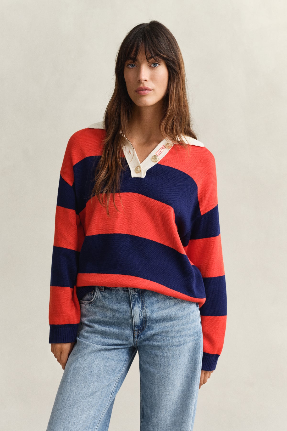 PERFECT RED, STRIPED COTTON RUGGER, FRONT-VIEW BY GANT AU.
