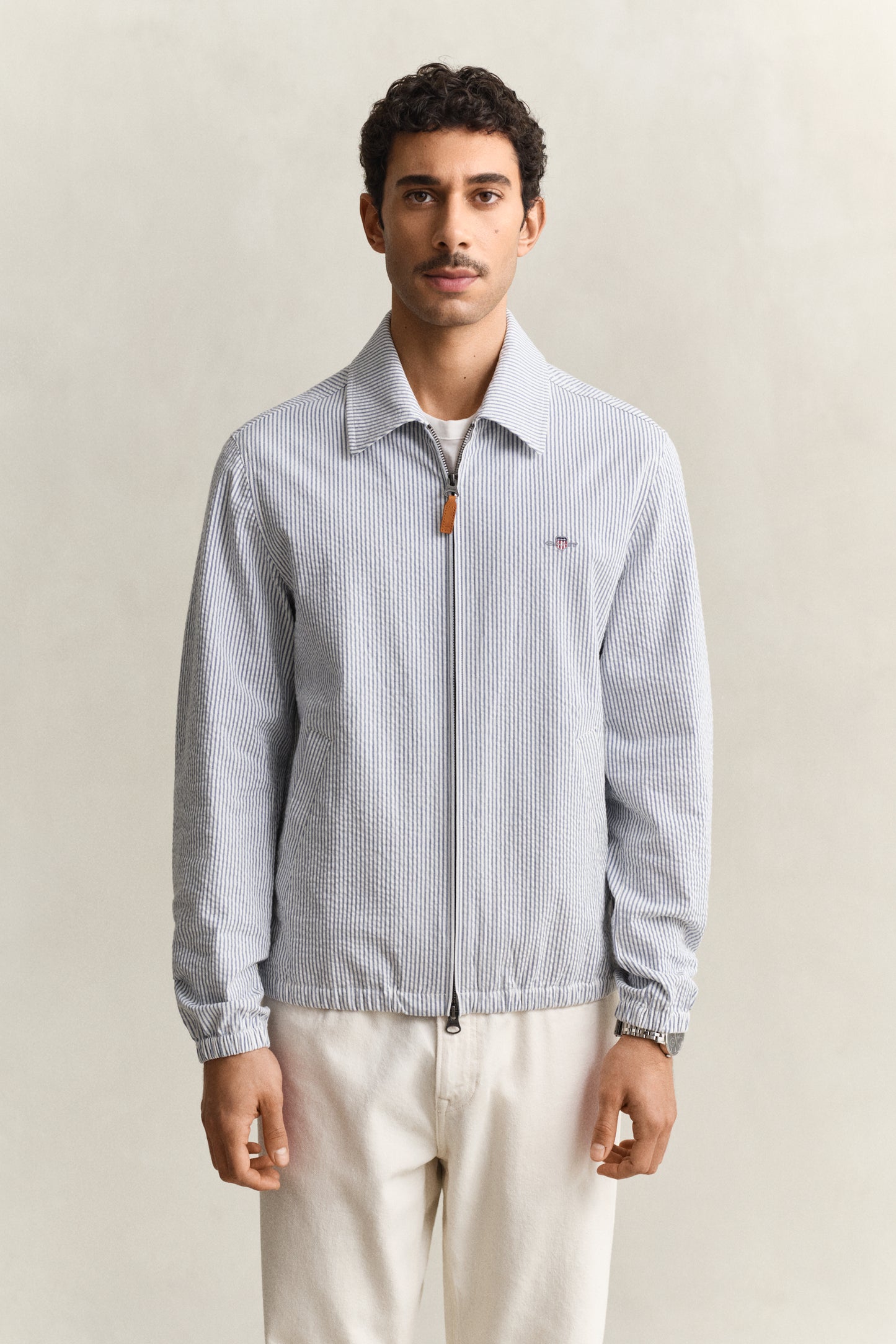 MODEL WEARING SEERSUCKER WINDCHEATER JACKET