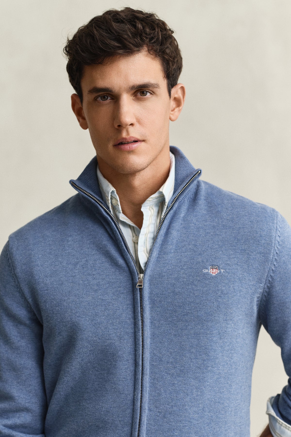 DENIM BLUE MELANGE, Cotton Knit Zip Cardigan, CLOSE-UP BY GANT AU.