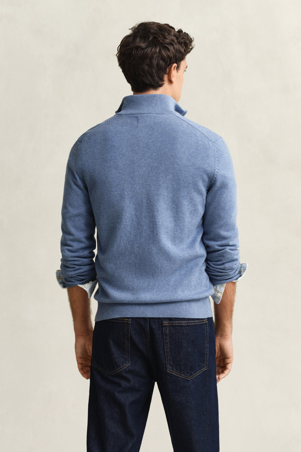 DENIM BLUE MELANGE, Cotton Knit Zip Cardigan, BACK-VIEW BY GANT AU.