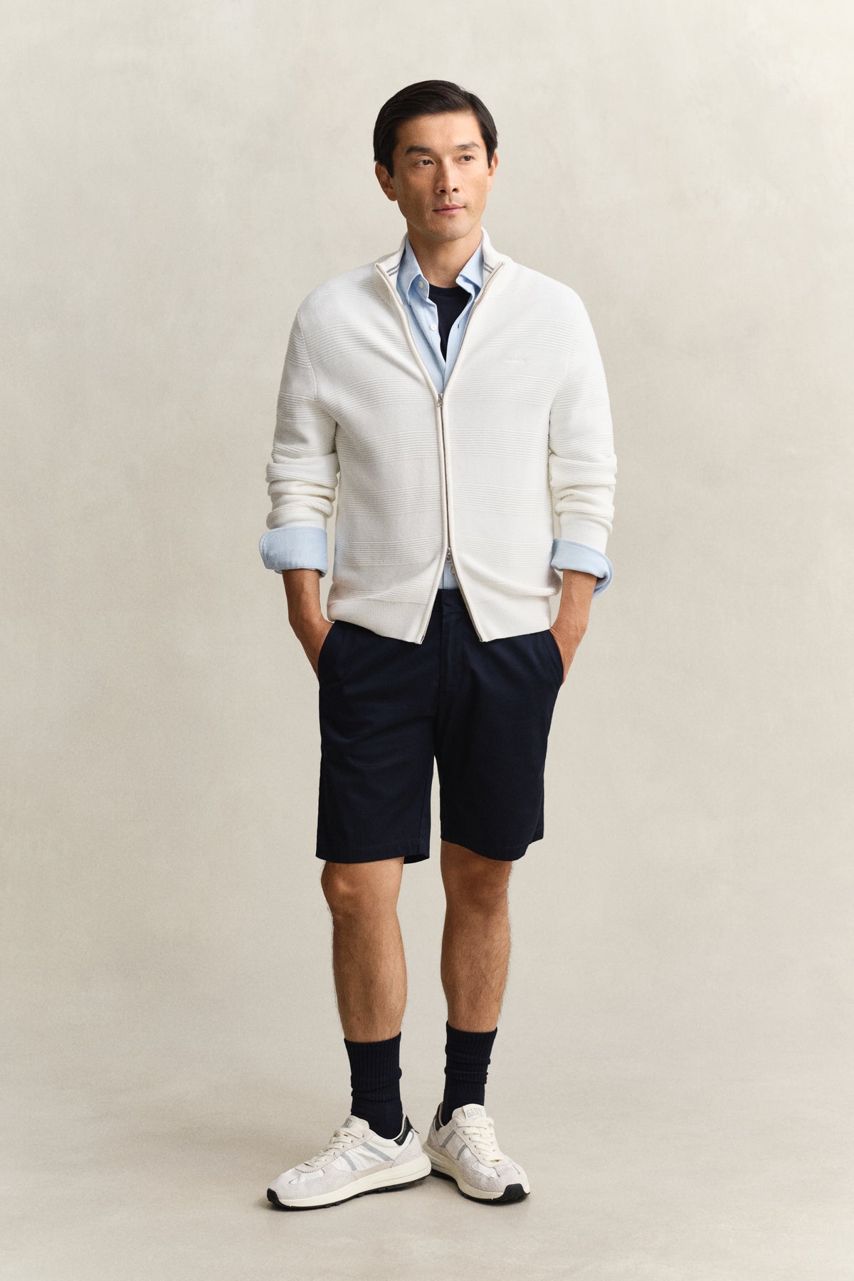 Textured Cotton Zip Cardigan